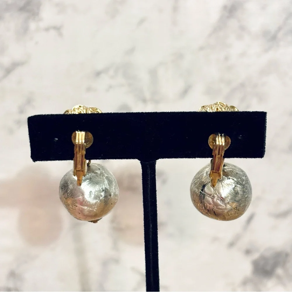Vintage Silver and Gold Tone Ball Drop Clip-On Earrings - Picture 4 of 8